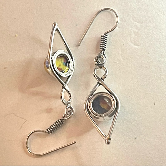 New Artisan Yellow Pink Blue Mosaic Jasper Sterling Silver Minimalist Earrings - Picture 7 of 11